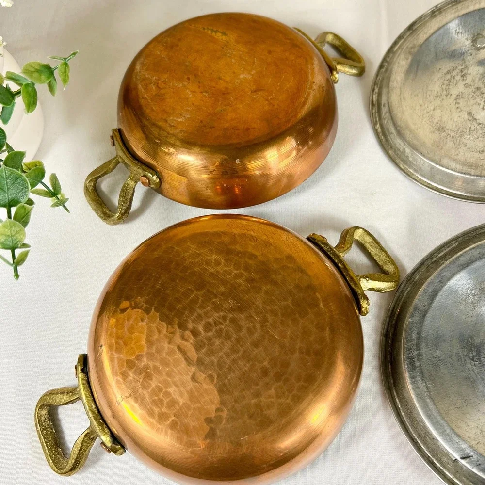 Old Vintage Copper Pans Skillets with Brass Handles